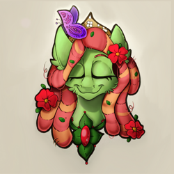 Size: 2048x2048 | Tagged: safe, artist:mychelle, character:tree hugger, species:pony, g4, bust, butterfly, eyes closed, female, portrait, simple background, solo