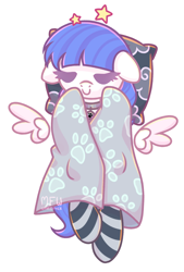 Size: 1364x2012 | Tagged: safe, artist:wavecipher, oc, oc only, oc:snow pup, species:pegasus, species:pony, g4, blanket, clothing, cloud, collar, eyes closed, pet tag, pillow, simple background, sleeping, socks, stars, striped socks, transparent background