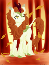 Size: 1800x2400 | Tagged: safe, artist:rockhoppr3, character:autumn blaze, species:kirin, g4, autumn, cloven hooves, falling leaves, female, forest, leaves, smiling, solo, tree