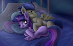 Size: 1600x1018 | Tagged: safe, artist:greenbrothersart, character:flash sentry, character:twilight sparkle, species:alicorn, species:pony, ship:flashlight, g4, bed, butt, cuddling, eyes closed, female, male, one eye closed, plot, shipping, sleeping, spooning, straight, twibutt, wink