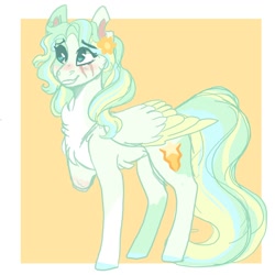 Size: 2000x2000 | Tagged: safe, artist:scarletskitty12, character:vapor trail, species:pegasus, species:pony, g4, alternate hairstyle, amputee, blushing, chest fluff, cut, cute, eye scar, female, flower, flower in hair, grin, mare, markings, redesign, scar, smiling, solo, vaporbetes