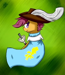 Size: 1000x1150 | Tagged: safe, artist:suplolnope, character:scootaloo, species:pegasus, species:pony, cape, clothing, female, hat, looking back, musketeer, plume, rapier, solo, sword, weapon