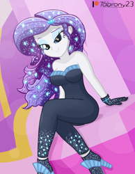 Size: 1456x1872 | Tagged: safe, artist:tabrony23, character:rarity, species:eqg human, episode:the other side, g4, my little pony: equestria girls, my little pony:equestria girls, beautiful, bedroom eyes, breasts, cleavage, clothing, fanart, female, gloves, high heels, high res, lidded eyes, looking at you, patreon, patreon logo, raised eyebrow, sexy, shoes, solo, strapless, stupid sexy rarity, unitard