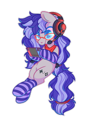 Size: 2480x3508 | Tagged: safe, artist:wavecipher, oc, oc only, oc:cinnabyte, species:earth pony, species:pony, g4, adorkable, bandana, clothing, commission, cute, dork, female, gaming headset, glasses, headphones, headset, mare, nintendo switch, playing, simple background, socks, solo, striped socks, switch, transparent background, ych result, your character here