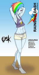 Size: 984x1860 | Tagged: safe, artist:oldskullkid, character:rainbow dash, g4, my little pony:equestria girls, abs, arm behind head, belly button, clothing, hair over one eye, looking at you, pajamas, piercing