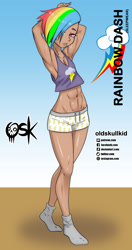 Size: 984x1860 | Tagged: safe, alternate version, artist:oldskullkid, character:rainbow dash, species:human, g4, abs, arm behind head, armpits, belly button, clothing, hair over one eye, humanized, looking at you, pajamas, piercing, skin