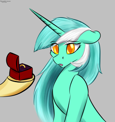 Size: 1280x1367 | Tagged: safe, artist:renarde-louve, character:bon bon, character:lyra heartstrings, character:sweetie drops, species:earth pony, species:pony, species:unicorn, ship:lyrabon, g4, colored pupils, disembodied hoof, engagement ring, female, gray background, lesbian, mare, marriage proposal, offscreen character, shipping, simple background, solo focus