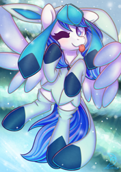 Size: 966x1366 | Tagged: safe, artist:wavecipher, oc, oc only, oc:blue visions, species:changeling, species:pegasus, species:pony, g4, changeling disguised as pony, changeling oc, clothing, commission, costume, crossover, female, glaceon, pegasus oc, pokémon, solo, wings