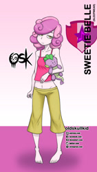 Size: 984x1744 | Tagged: safe, artist:oldskullkid, character:spike, character:sweetie belle, species:dragon, species:human, g4, my little pony:equestria girls, barefoot, camisole, clothing, feet, female, humanized, pajamas, plushie