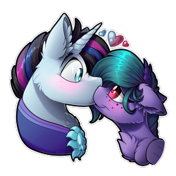Size: 2048x2048 | Tagged: safe, artist:mychelle, oc, oc only, species:pegasus, species:pony, species:unicorn, g4, female, kissing, mare, simple background, transparent background