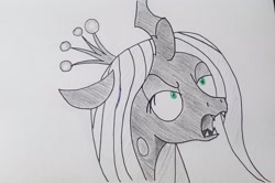 Size: 2048x1361 | Tagged: safe, artist:polar_storm, character:queen chrysalis, species:changeling, species:pony, g4, angry, bust, changeling queen, crown, fangs, female, green eyes, jewelry, mare, monochrome, neo noir, partial color, regalia, simple background, sketch, solo, traditional art, white background