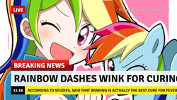 Size: 1280x720 | Tagged: safe, artist:ryuu, edit, editor:michaelsety, character:rainbow dash, species:human, species:pegasus, species:pony, g4, my little pony:equestria girls, anime, blushing, break your own news, breaking news, clothing, color edit, colored, cute, dashabetes, female, human coloration, human ponidox, jacket, light skin edit, looking at you, mare, one eye closed, open mouth, ponidox, self ponidox, simple background, skin color edit, whitewashing, wink, wristband