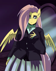 Size: 2340x2977 | Tagged: safe, artist:traupa, character:fluttershy, species:anthro, species:pegasus, species:pony, episode:fake it 'til you make it, g4, breasts, busty fluttershy, choker, clothing, ear piercing, female, fluttergoth, goth, high res, piercing, skirt, solo