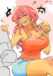 Size: 700x1000 | Tagged: safe, artist:sozglitch, character:sunset shimmer, species:eqg human, g4, my little pony:equestria girls, alcohol, armpits, big breasts, blushing, bra, bra strap, breasts, busty sunset shimmer, cleavage, clothing, drink, drunk, drunker shimmer, eyes closed, hand on shoulder, happy, laughing, multicolored hair, offscreen character, open mouth, shiny skin, shorts, sitting, smiling, tank top, tomboy, underwear, yellow skin