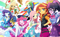 Size: 3000x1886 | Tagged: safe, artist:ryuu, character:angel bunny, character:applejack, character:fluttershy, character:pinkie pie, character:rainbow dash, character:rarity, character:sunset shimmer, character:twilight sparkle, character:twilight sparkle (scitwi), species:bird, species:eqg human, species:rabbit, g4, my little pony: equestria girls, my little pony:equestria girls, angelbetes, animal, apple, applejack's hat, balloon, big crown thingy, bow tie, butterfly, clothing, confetti, cowboy hat, cute, dashabetes, denim skirt, diapinkes, element of magic, eyes closed, female, food, geode of empathy, geode of fauna, geode of shielding, geode of sugar bombs, geode of super speed, geode of super strength, geode of telekinesis, glasses, hairpin, happy, hat, high heels, hoodie, humane five, humane seven, humane six, jackabetes, jacket, jewelry, lasso, leather, leather jacket, magical geodes, one eye closed, open mouth, party cannon, pixiv, ponytail, raribetes, regalia, rope, shimmerbetes, shoes, shyabetes, skirt, smiling, tank top, twiabetes, wall of tags, wink, winking at you