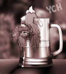 Size: 882x995 | Tagged: safe, artist:28gooddays, oc, species:pony, g4, alcohol, beer, drunk, monochrome, solo, ych example, ych sketch, your character here