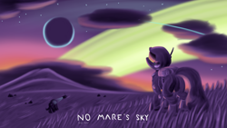 Size: 5120x2880 | Tagged: safe, artist:rockhoppr3, species:pony, g4, alien, astronaut, cloud, cloudy, crossover, grass, grass field, high res, no man's sky, planet, space suit, spaceship