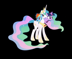 Size: 947x785 | Tagged: safe, artist:theunknowenone1, character:princess celestia, character:rainbow dash, character:twilight sparkle, character:twilight sparkle (alicorn), species:alicorn, species:pony, g4, 1000 years in photoshop, alicornified, conjoined, fusion, multiple heads, race swap, rainbowcorn, three heads, wat, we have become one