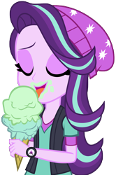 Size: 5269x7944 | Tagged: safe, artist:famousmari5, character:starlight glimmer, species:eqg human, equestria girls:mirror magic, g4, my little pony: equestria girls, my little pony:equestria girls, spoiler:eqg specials, absurd resolution, beanie, clothing, dessert, eyes closed, female, food, hat, ice cream, ice cream cone, licking, open mouth, simple background, solo, tongue out, transparent background, vector, vest, watch, wristwatch