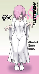 Size: 984x1859 | Tagged: safe, alternate version, artist:oldskullkid, character:fluttershy, species:human, g4, alternate hairstyle, clothing, costume, eyeshadow, ghost, halloween, halloween costume, holiday, human coloration, humanized, makeup, open mouth, socks, undead