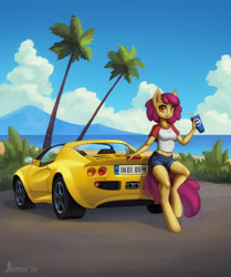 Size: 1089x1300 | Tagged: safe, artist:asimos, character:apple bloom, species:anthro, species:earth pony, species:pony, species:unguligrade anthro, g4, '90s, beach, car, clothing, cloud, denim shorts, drink, female, leaning back, license plate, lotus elise, midriff, mountain, ocean, older, orange eyes, outdoors, palm tree, pepsi, product placement, sand, shirt, shorts, soda, solo, t-shirt, tomboy, tree, vehicle, water, watermark, yellow fur