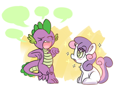 Size: 888x659 | Tagged: dead source, safe, artist:haute-claire, character:spike, character:sweetie belle, species:dragon, species:pony, species:unicorn, ship:spikebelle, adorable face, blushing, chest fluff, cute, dialogue, empty speech bubble, female, filly, male, open mouth, shipping, sitting, sparkles, speech bubble, straight