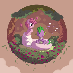 Size: 970x970 | Tagged: safe, artist:haute-claire, character:ruby pinch, character:spike, species:dragon, species:lamia, species:pony, species:unicorn, female, flower, flute, male, musical instrument, naga pinch, original species, species swap