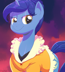 Size: 544x600 | Tagged: source needed, safe, artist:sunibee, character:night light, species:pony, bedroom eyes, bright crescent, clothing, female, jacket, looking at you, mare, rule 63, smiling, solo