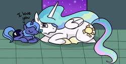 Size: 798x406 | Tagged: safe, artist:ponygoggles, character:princess celestia, character:princess luna, species:alicorn, species:pony, g4, crying, cute, duo, duo female, eyes closed, female, filly, mare, open mouth, prone, s1 luna, smiling