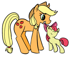Size: 494x396 | Tagged: safe, artist:ponygoggles, character:apple bloom, character:applejack, species:earth pony, species:pony, g4, adobe imageready, apple sisters, duo, duo female, eyes closed, female, filly, foal, mare, mouth hold, photoshop, siblings, simple background, sisters, white background