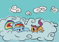Size: 738x528 | Tagged: safe, artist:ponygoggles, character:rainbow dash, character:scootaloo, species:pegasus, species:pony, g4, blank flank, cloud, duo, duo female, eye contact, female, filly, floppy ears, foal, hooves, looking at each other, lying on a cloud, mare, no pupils, on a cloud, on side, prone, scootalove, smiling, wings