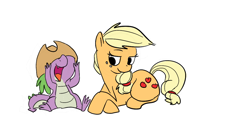 Size: 1134x610 | Tagged: safe, artist:ponygoggles, character:applejack, character:spike, species:dragon, species:earth pony, species:pony, ship:applespike, g4, accessory swap, applejack's hat, baby, baby dragon, clothing, cowboy hat, cute, cutie mark, female, hat, male, mare, open mouth, palindrome get, prone, shipping, simple background, sitting, spikabetes, stetson, straight, white background