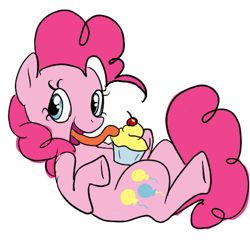 Size: 500x500 | Tagged: safe, artist:ponygoggles, character:pinkie pie, species:earth pony, species:pony, g4, cupcake, female, licking, mare, on back, simple background, solo, white background