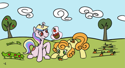 Size: 1037x567 | Tagged: safe, artist:ponygoggles, character:carrot top, character:golden harvest, character:holly dash, species:earth pony, species:pony, species:unicorn, duo, duo female, female, food, garden, mare, no pupils, strawberry