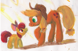 Size: 880x582 | Tagged: safe, artist:ponygoggles, character:apple bloom, character:applejack, species:earth pony, species:pony, g4, apple sisters, duo, duo female, eye contact, female, filly, foal, looking at each other, mare, siblings, sisters, traditional art