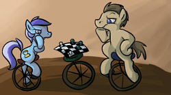 Size: 817x453 | Tagged: safe, artist:ponygoggles, character:doctor whooves, character:minuette, character:time turner, species:earth pony, species:pony, g4, chess, context is for the weak, duo, female, male, mare, no pupils, romana, stallion, unicycle