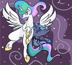 Size: 656x588 | Tagged: safe, artist:ponygoggles, character:princess celestia, character:princess luna, species:alicorn, species:pony, g4, big sislestia, duo, duo female, female, flying, mare, no pupils, royal sisters, s1 luna, size difference