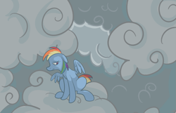 Size: 795x513 | Tagged: safe, artist:ponygoggles, character:rainbow dash, species:pegasus, species:pony, g4, cloud, cloudy, female, floppy ears, hooves, mare, on a cloud, sad, sitting, sitting on a cloud, solo, wings