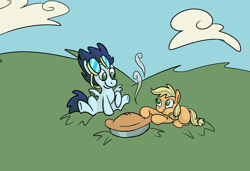Size: 1992x1363 | Tagged: safe, artist:ponygoggles, character:applejack, character:soarin', species:earth pony, species:pegasus, species:pony, ship:soarinjack, apple, apple pie, colt, cute, female, filly, foal, foal romance, food, goggles, hatless, jackabetes, male, missing accessory, no pupils, pie, shipping, soarinbetes, straight, that pony sure does love pies