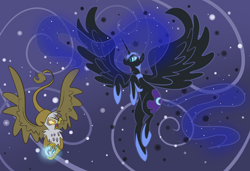 Size: 1992x1363 | Tagged: safe, artist:ponygoggles, character:gilda, character:nightmare moon, character:princess luna, species:alicorn, species:griffon, species:pony, abstract background, duo, duo female, female, flying, glowing eyes, mare, spread wings, wings
