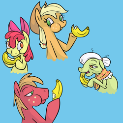 Size: 2000x2000 | Tagged: safe, artist:ponygoggles, character:apple bloom, character:applejack, character:big mcintosh, character:granny smith, species:earth pony, species:pony, apple family, banana, blue background, eating, female, filly, high res, male, mare, no pupils, simple background, stallion