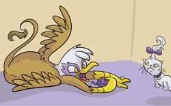 Size: 1988x1234 | Tagged: safe, artist:ponygoggles, character:gilda, character:opalescence, species:griffon, behaving like a cat, catbird, female, griffons doing cat things, happy, yarn ball