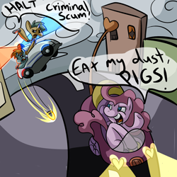 Size: 2000x2000 | Tagged: safe, artist:ponygoggles, character:pinkie pie, character:snails, character:snips, species:earth pony, species:pony, species:unicorn, car, chase, colt, criminal scum, female, fuck the police, gun, high res, male, mare, stop right there criminal scum, trio