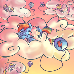 Size: 1000x1000 | Tagged: safe, artist:ponygoggles, character:cloud kicker, character:derpy hooves, character:fluttershy, character:rainbow dash, species:pegasus, species:pony, g4, balloon, cloud, cloudy, eyes closed, female, filly, foal, hooves, lying on a cloud, on a cloud, prone, sleeping, solo, wings