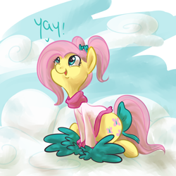 Size: 1000x1000 | Tagged: safe, artist:ponygoggles, character:fluttershy, species:pegasus, species:pony, g4, alternate hairstyle, bow, cheerleader, cheerleader outfit, clothing, cloud, cloudy, cute, cutie mark, female, hooves, mare, on a cloud, open mouth, pom pom, ponytail, ponytails, shyabetes, sitting, sitting on a cloud, solo, tail bow, wings, yay