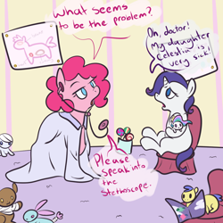 Size: 1000x1000 | Tagged: safe, artist:ponygoggles, character:pinkie pie, character:princess celestia, character:rarity, species:earth pony, species:pony, species:unicorn, g4, clothing, comic, dialogue, doctor, female, filly, playing, playing doctor, stethoscope, younger