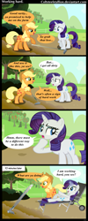 Size: 615x1536 | Tagged: safe, artist:coltsteelstallion, character:applejack, character:rarity, comic, hoe, lazy, rake, you're doing it wrong