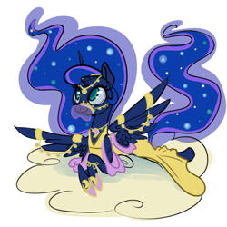Size: 1000x1000 | Tagged: safe, artist:ponygoggles, character:princess luna, species:alicorn, species:pony, bracelet, circlet, clothing, cloud, cute, dress, female, jewelry, looking up, lunabetes, mare, pendant, prone, simple background, smiling, solo, veil, white background, wing jewelry