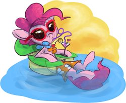 Size: 905x742 | Tagged: safe, artist:ponygoggles, character:pinkie pie, clothing, crazy straw, drink, female, floaty, shorts, solo, straw, sunglasses, swimming pool, water