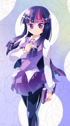 Size: 520x932 | Tagged: safe, artist:sweetsound, character:twilight sparkle, species:human, book, clothing, cute, female, humanized, looking at you, pantyhose, pixiv, school uniform, skirt, solo, sweater vest, twiabetes